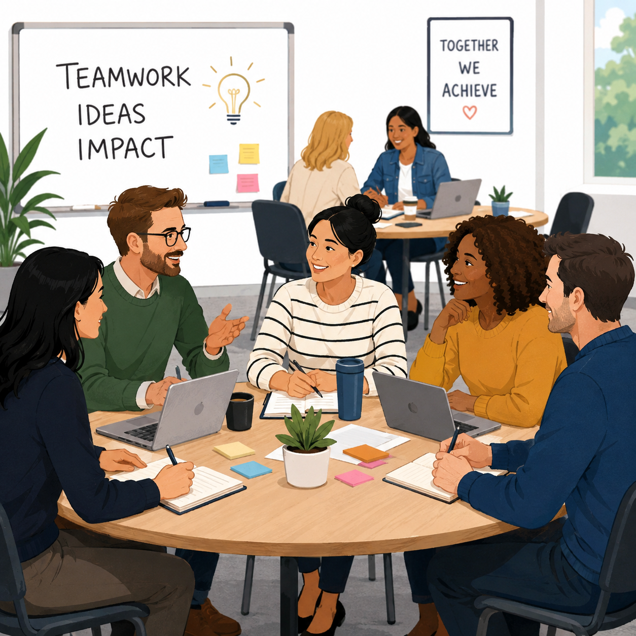 staff sitting at tables and discussing